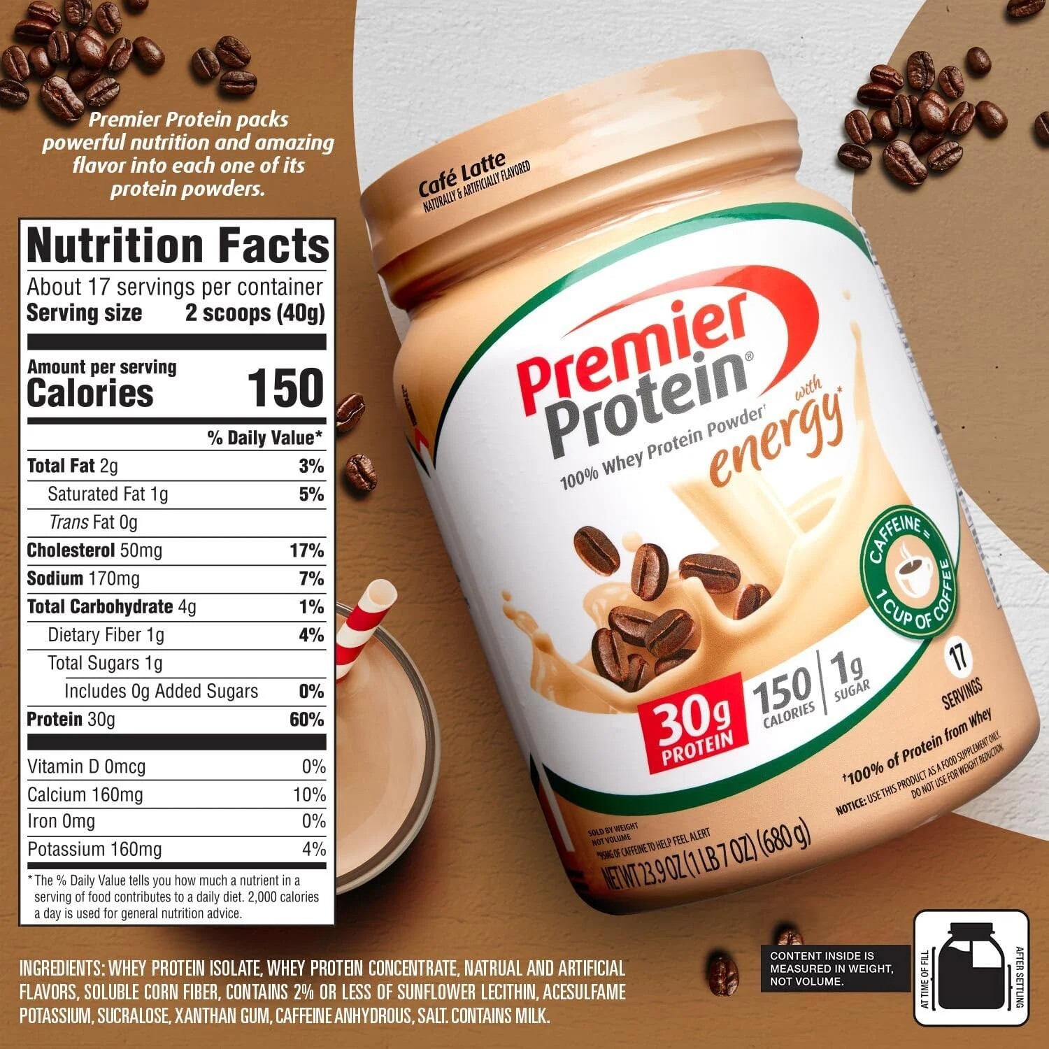2 Pack Premier Protein 100% Whey Protein Powder, Café Latte, 30g Protein 23.9 oz