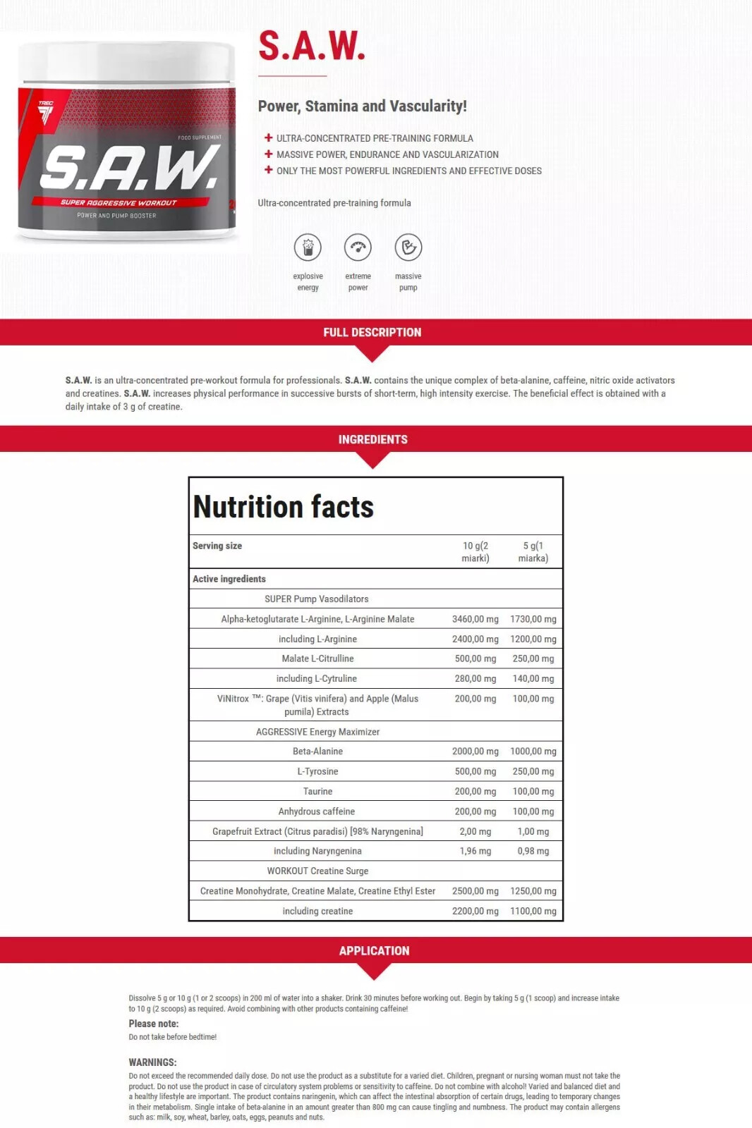 TREC SAW 400/600g Pre-Workout Booster Energy Concentration 3 Types of Creatine