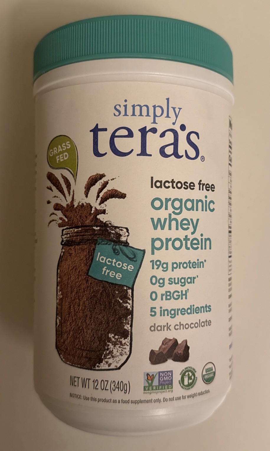 Tera’s Whey Simply Tera’s organic Whey Protein dark chocolate 12oz.(340g)