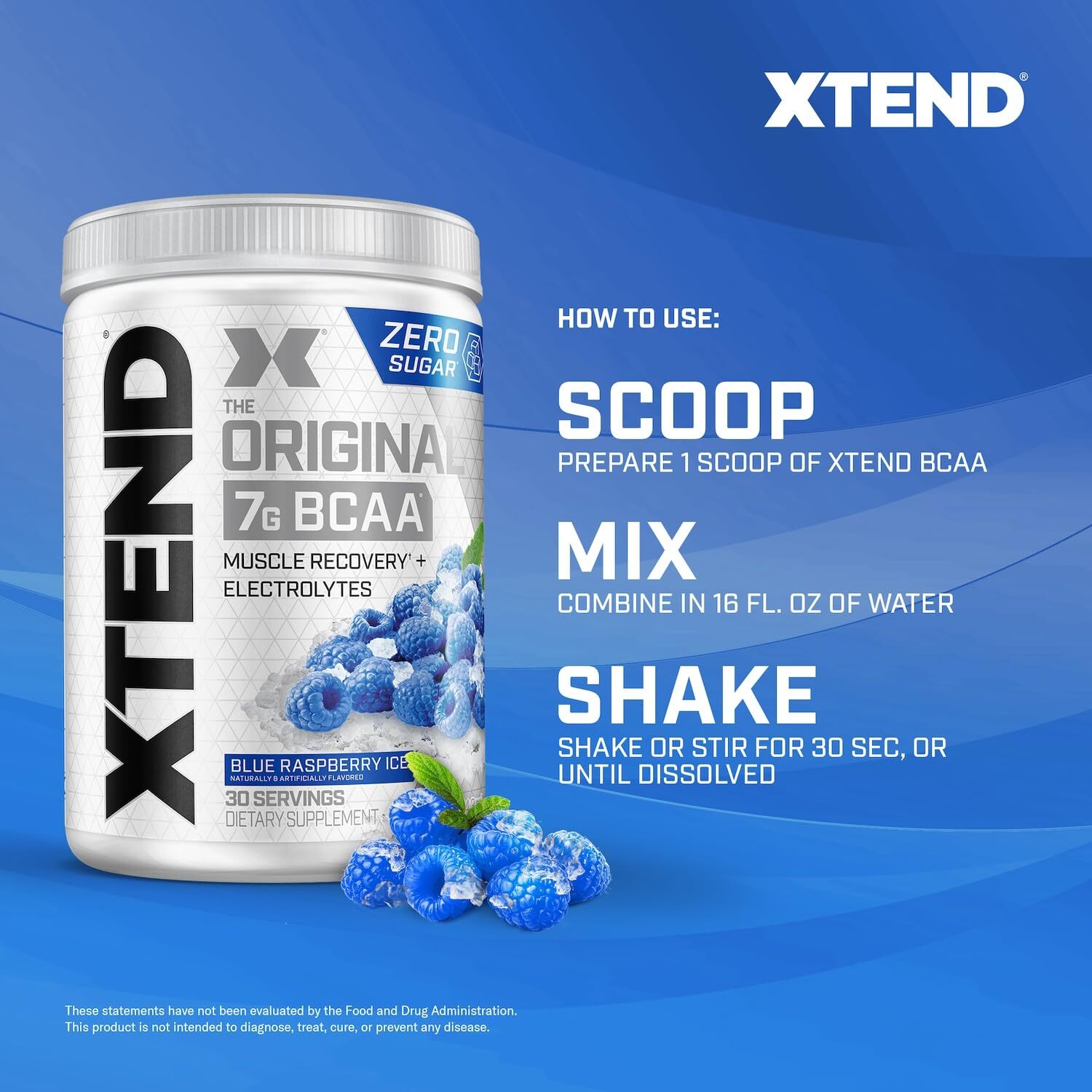 Xtend BCAA Powder Blue Raspberry 30 Servings Sugar Free Muscle Recovery Drink