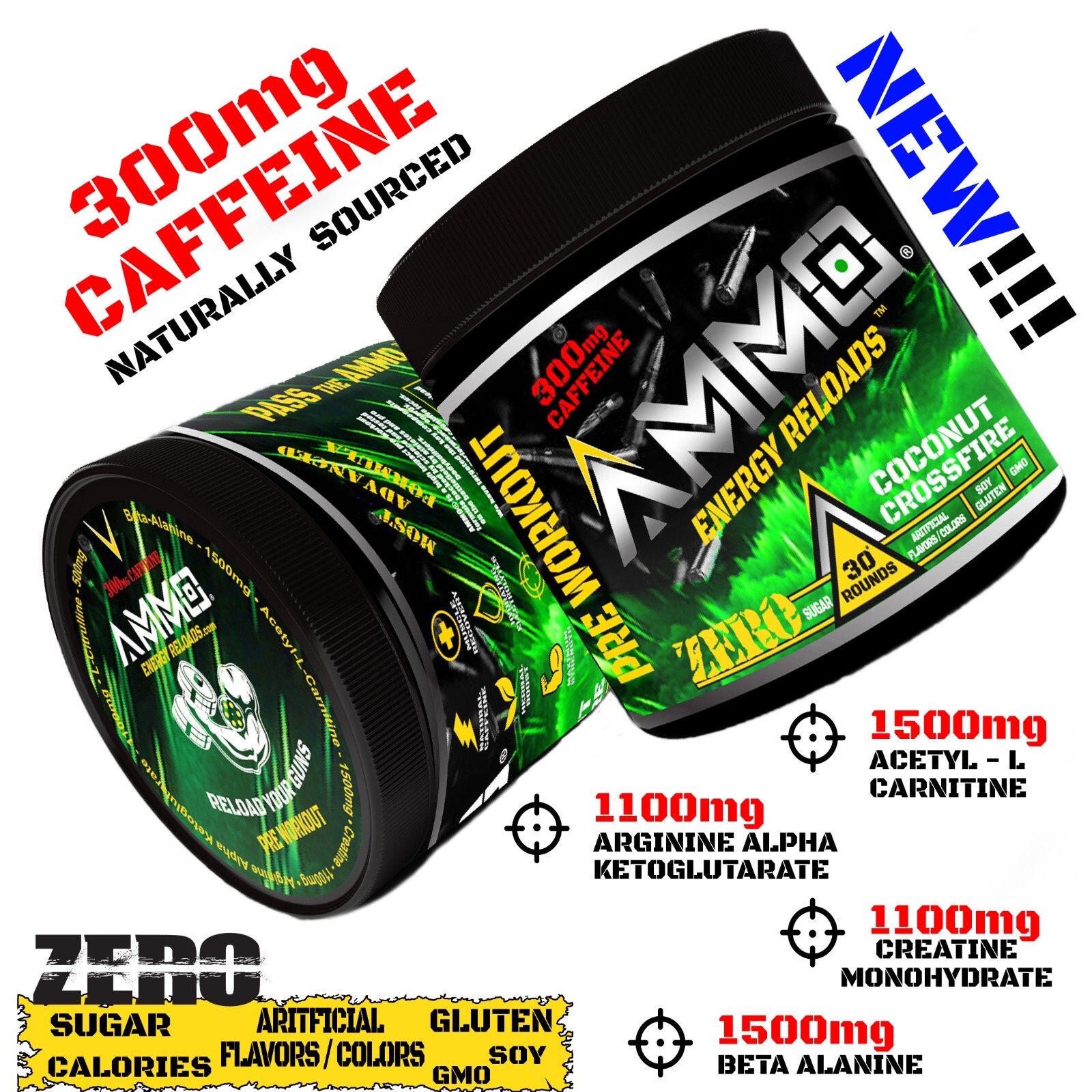 AMMO® Energy Reloads™ Pre Workout powder Coconut Beta Alanine ALL Natural Flavor