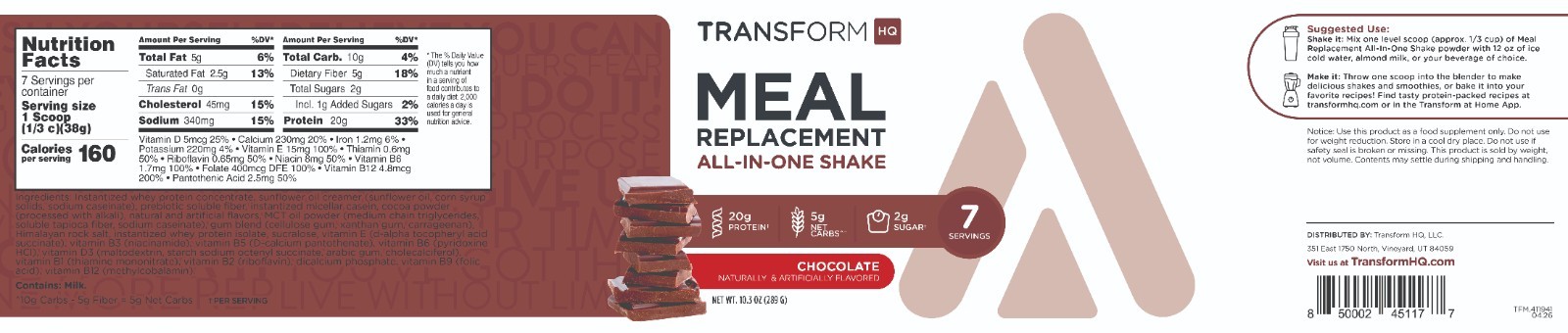 TransformHQ Meal Replacement Shake Powder 7 Servings (Chocolate)