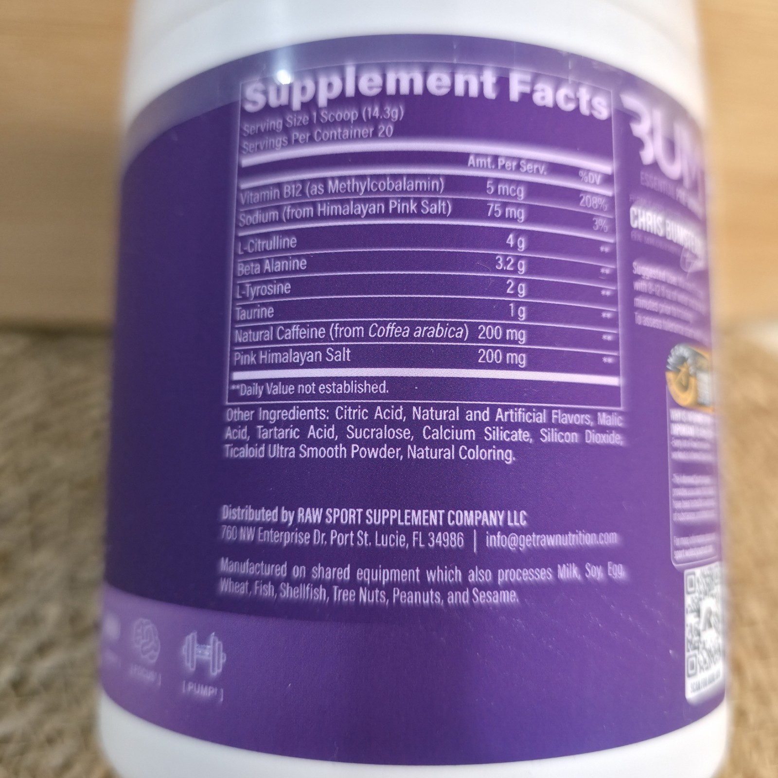 BUM ESSENTIALS RAW Pre Workout Sour Grape Energy Focus Endurance 20 Serving