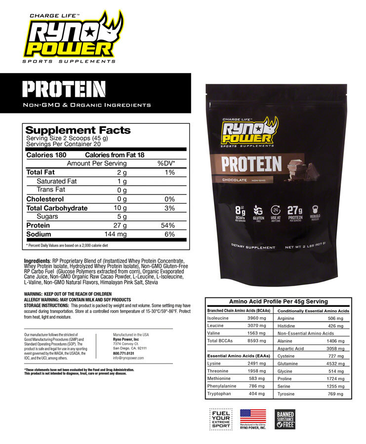 Ryno Power Premium Whey Protein Powder – Chocolate, 20 Servings (2 lbs.)