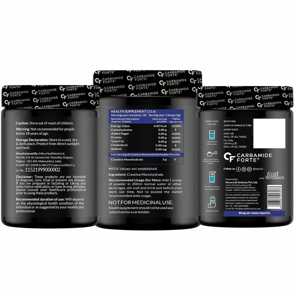 Creatine Mono Hydrate Powder | 250gm Unflavoured 80 Servings (Pack of 3)