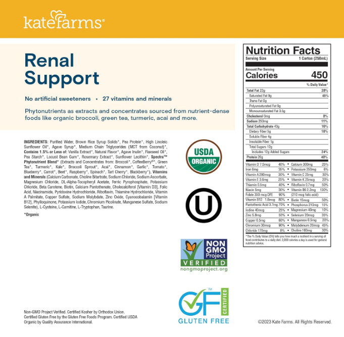 KATE FARMS Organic 1.8 Renal Support Shake, Vanilla, 20g Protein, 27 Vitamins an