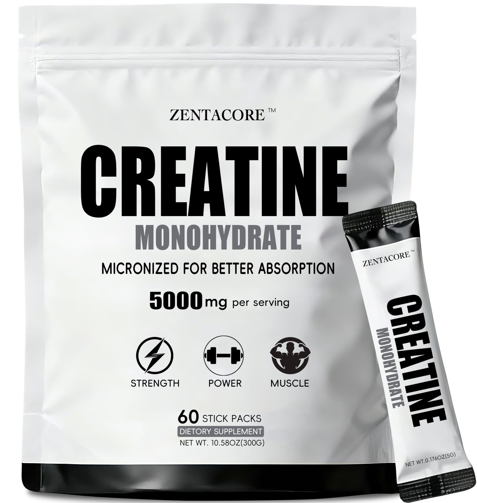 Creatine Monohydrate Stick Packs 5g – 60 Single Serve Creatine Packets, Micro…