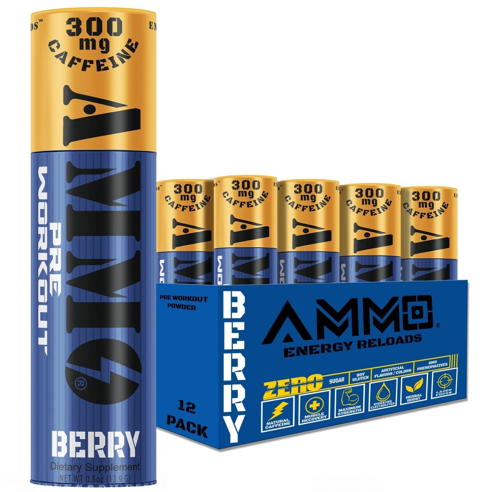 AmmoShots Energy drink powder Single 12ct pre workout 300mg Caffeine Zero Sugar