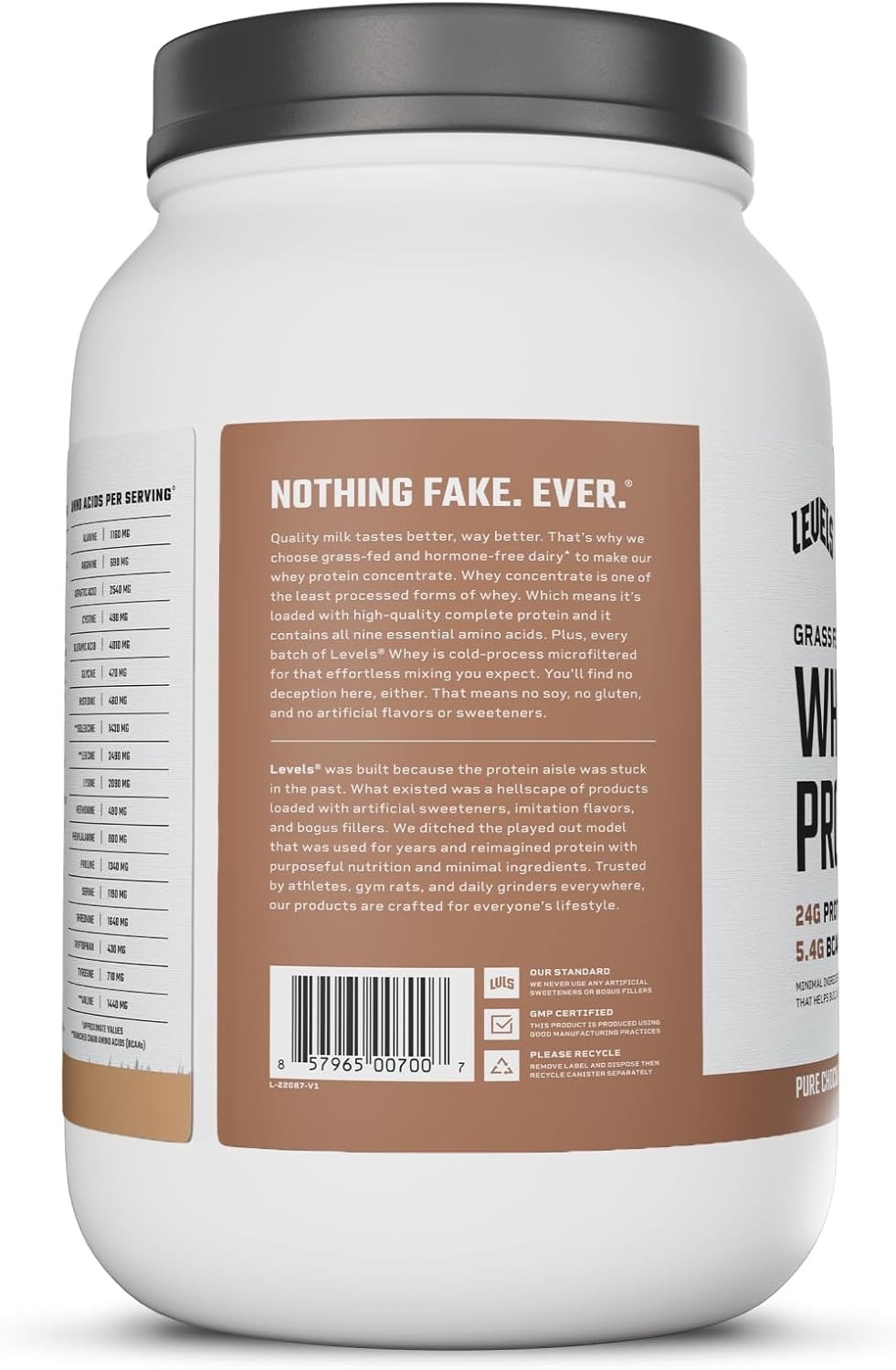 Levels Grass Fed Whey Protein Powder, 24G of Protein, Pure Chocolate, 2LB