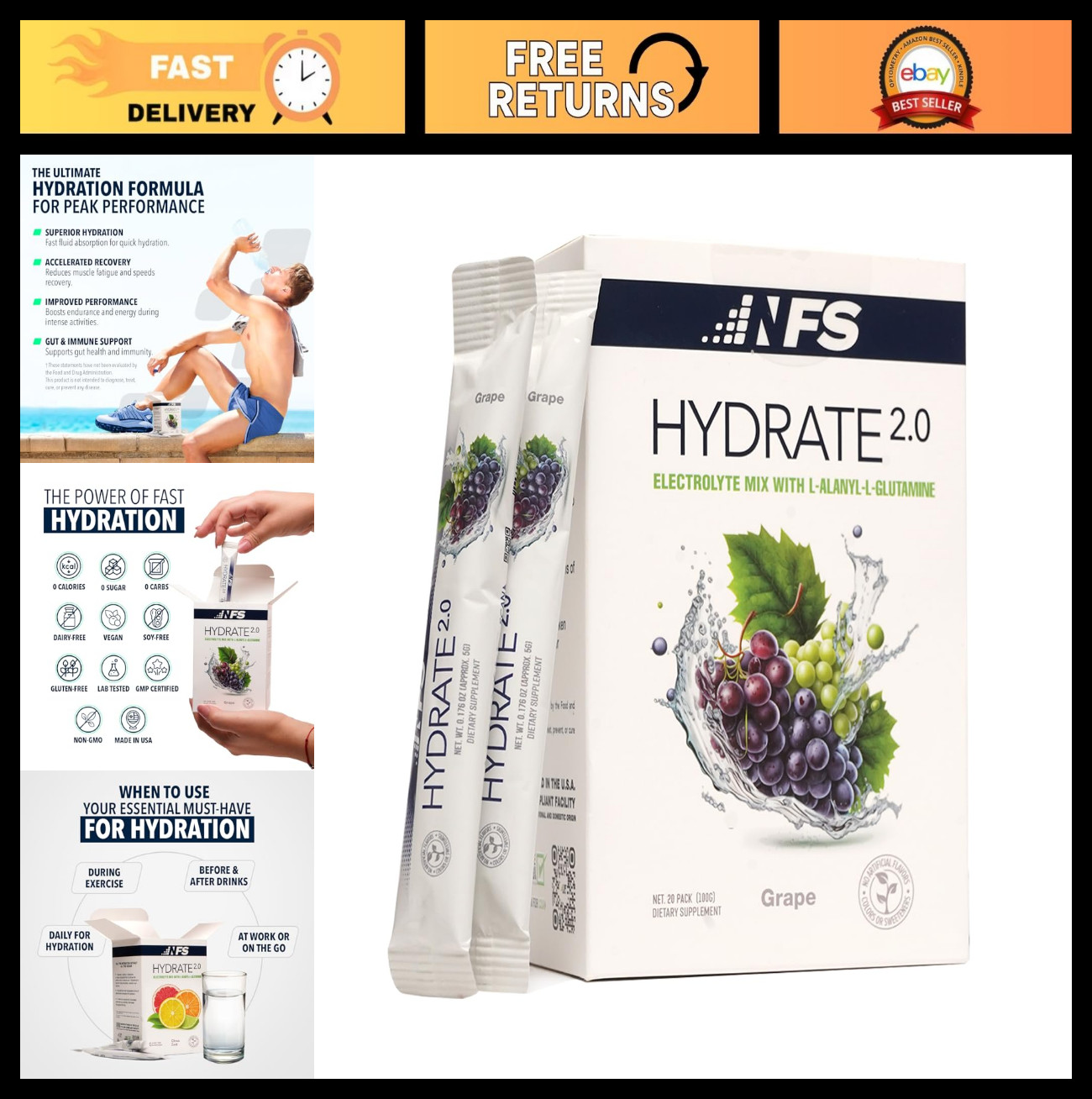 Electrolyte Hydration Powder Packets – Advanced Recovery Formula, 20 Grape Packe
