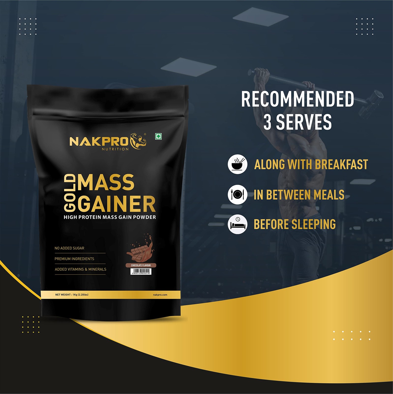 Nakpro Gold Mass Gainer Choco | 21g Protein, 68g Carb | 1kg