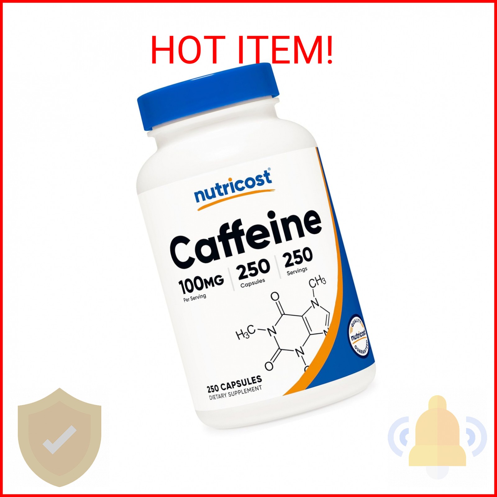Nutricost Caffeine Pills 100mg Per Serving, 250 Capsules