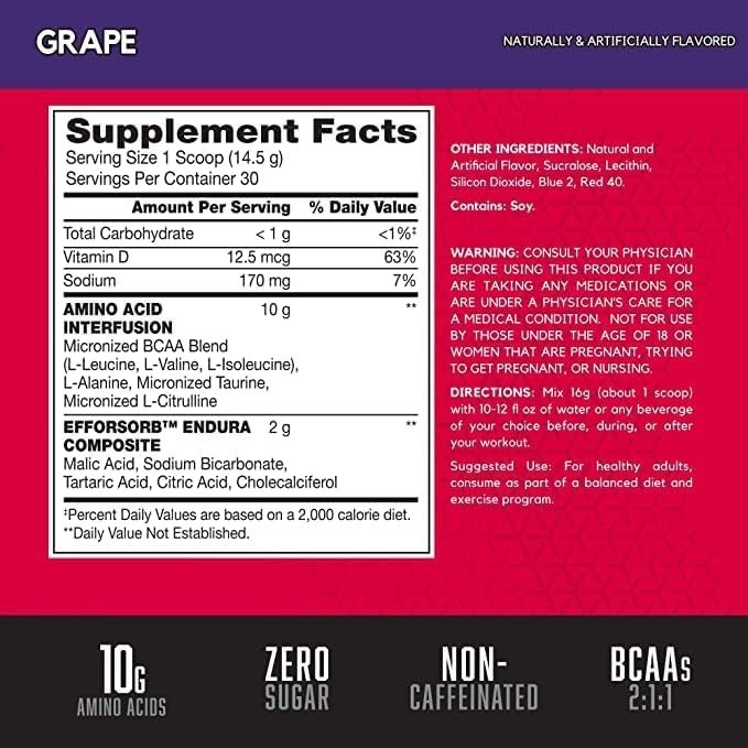 Amino X BCAA Muscle Recovery Powder – 10g Amino Acids, Grape, 30 Servings