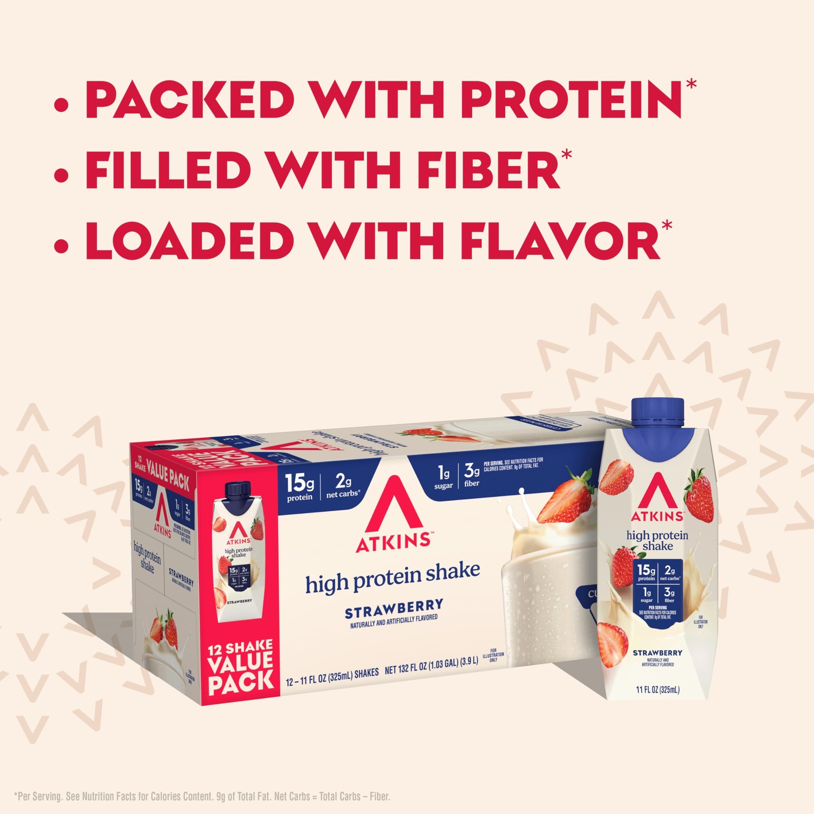 Atkins Strawberry Flavored High Protein Shake, 12 Count 11 Fl Oz (Pack of 12)