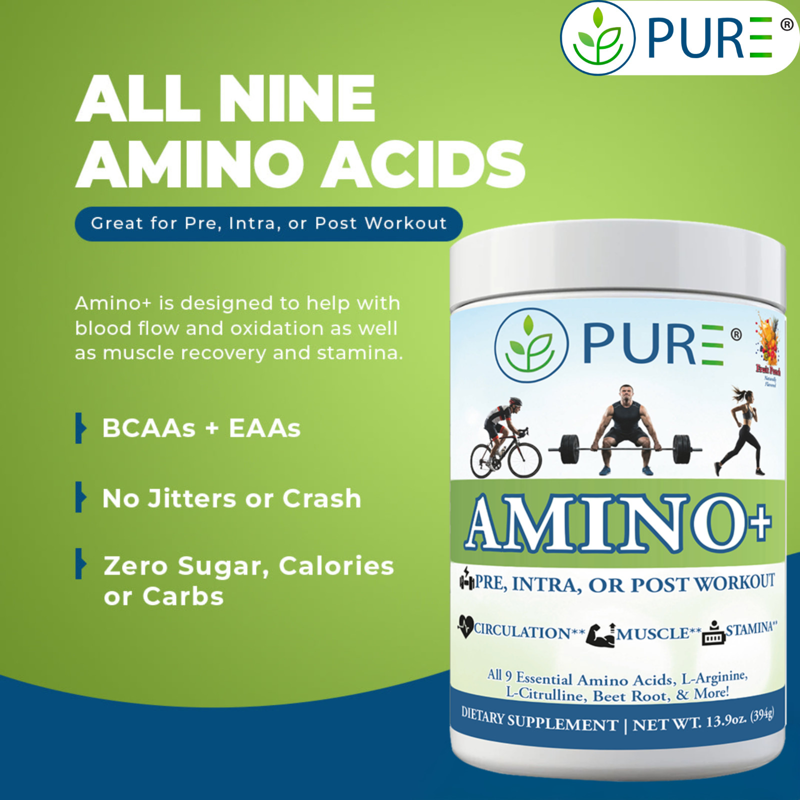 PURE Sport Amino+ All 9 essential Amino Acids (501g, 30 servings) Fruit Splash!