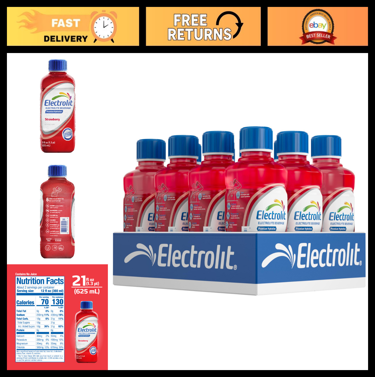 Electrolyte Drink Mix, Strawberry Flavor, Hydration Beverage, 21 Fl Oz, 12 Pack