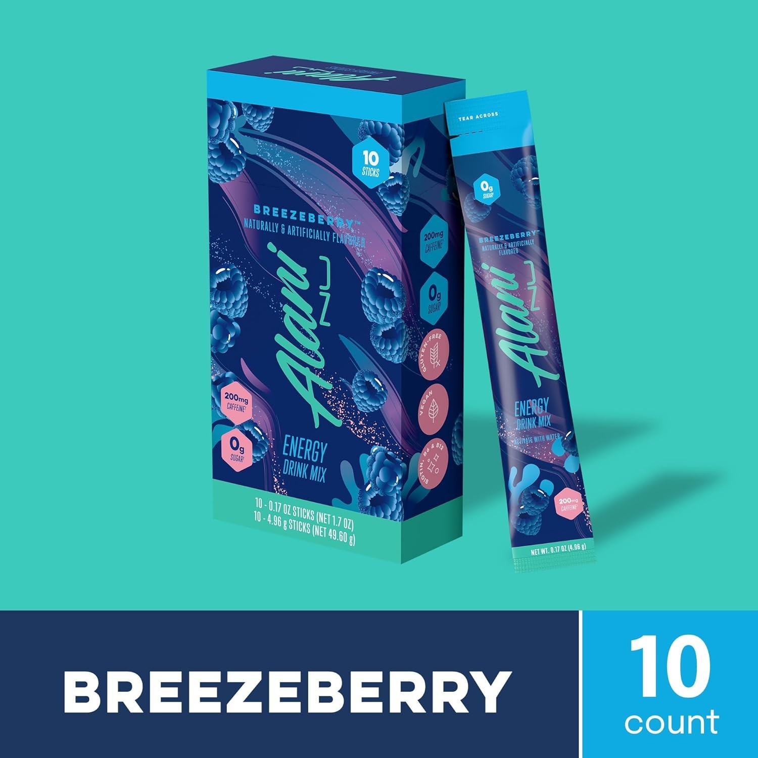 200mg Caffeine BREEZEBERRY Energy Drink Mix – , Antioxidants, 10 Sticks