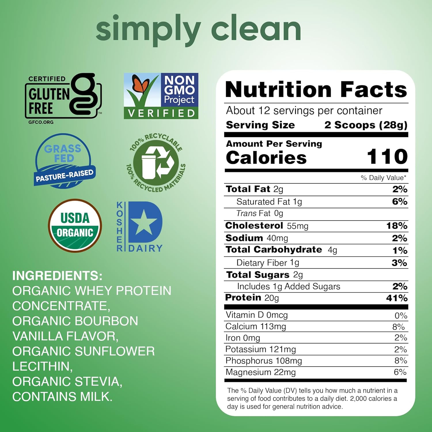 Organic Whey Protein Powder – Bourbon Vanilla – 12 Oz | Grass Fed Vanilla Whey P