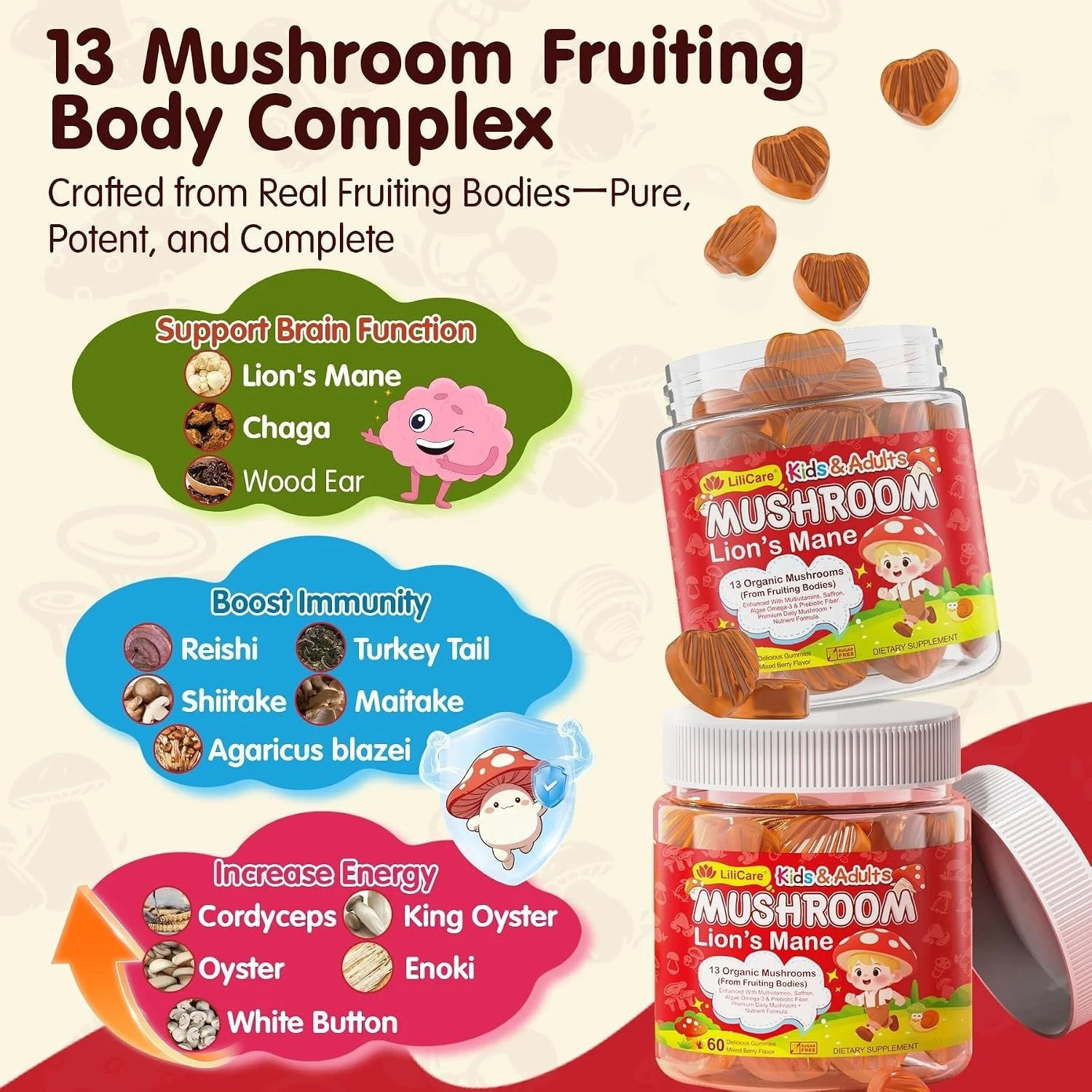 Lions Mane Mushroom Focus Gummies for Kids, Teens & Adults, 24-IN-1 Brain Gummy