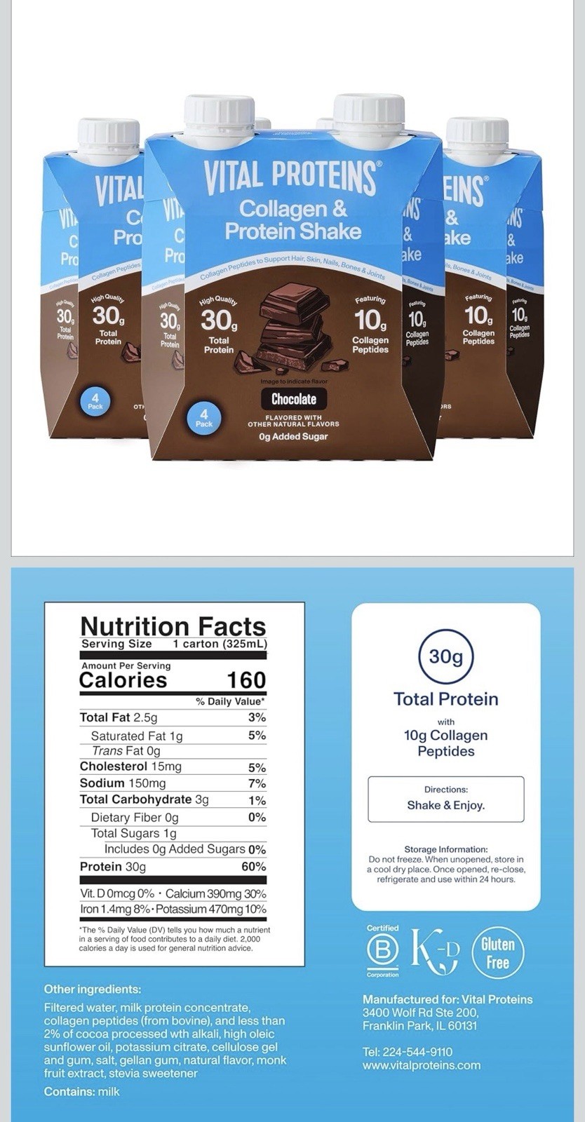 Vital Proteins Collagen Peptides Protein Shake Chocolate Gluten-Free 4 Pack