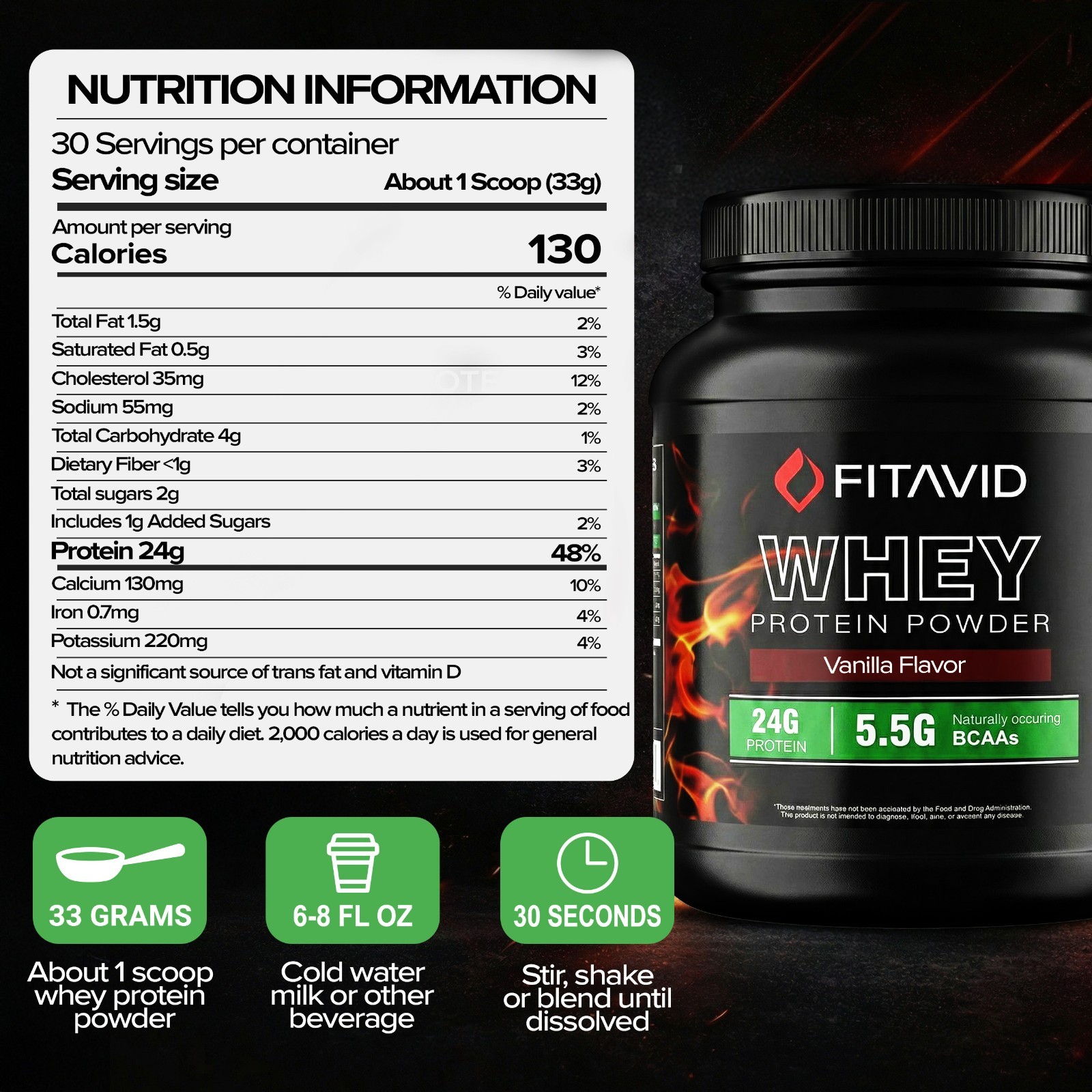 FITAVID Whey Protein Powder 2 lb Vanilla Chocolate Strawberry Fitness Shake