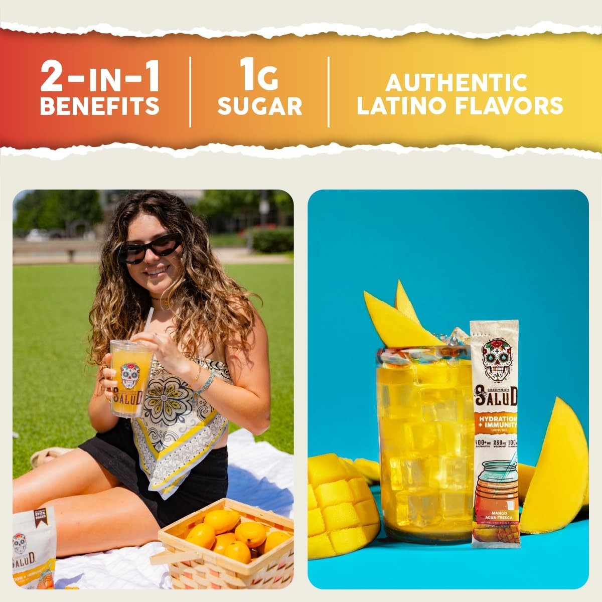2-in-1 Hydration & Immunity Drink Mix, Mango Flavor | Electrolyte Powder, Vegan,