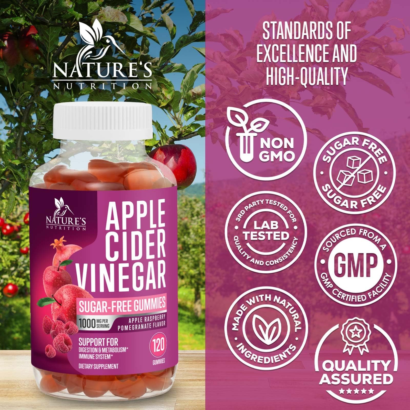 Apple Cider Vinegar Gummies 1000mg per Serving – Sugar 120 Count (Pack of 1)
