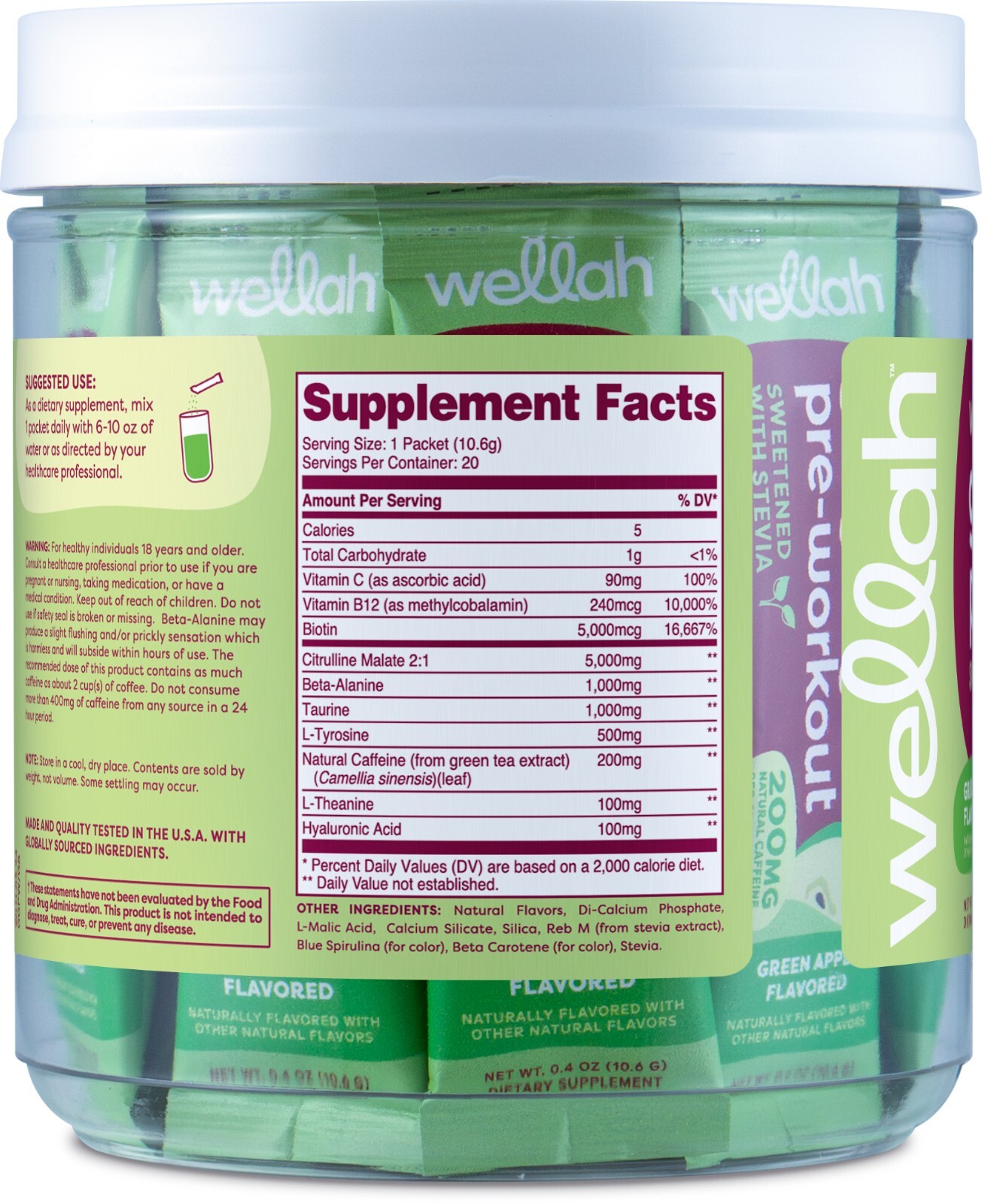 Wellah Get-Going Green Apple Flavored Pre-Workout Stickpacks (20 servings)