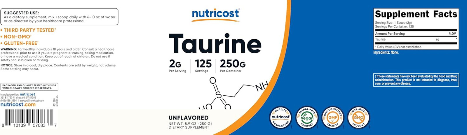 Taurine Powder 250 Grams – 125 Servings, 2000Mg per Serving