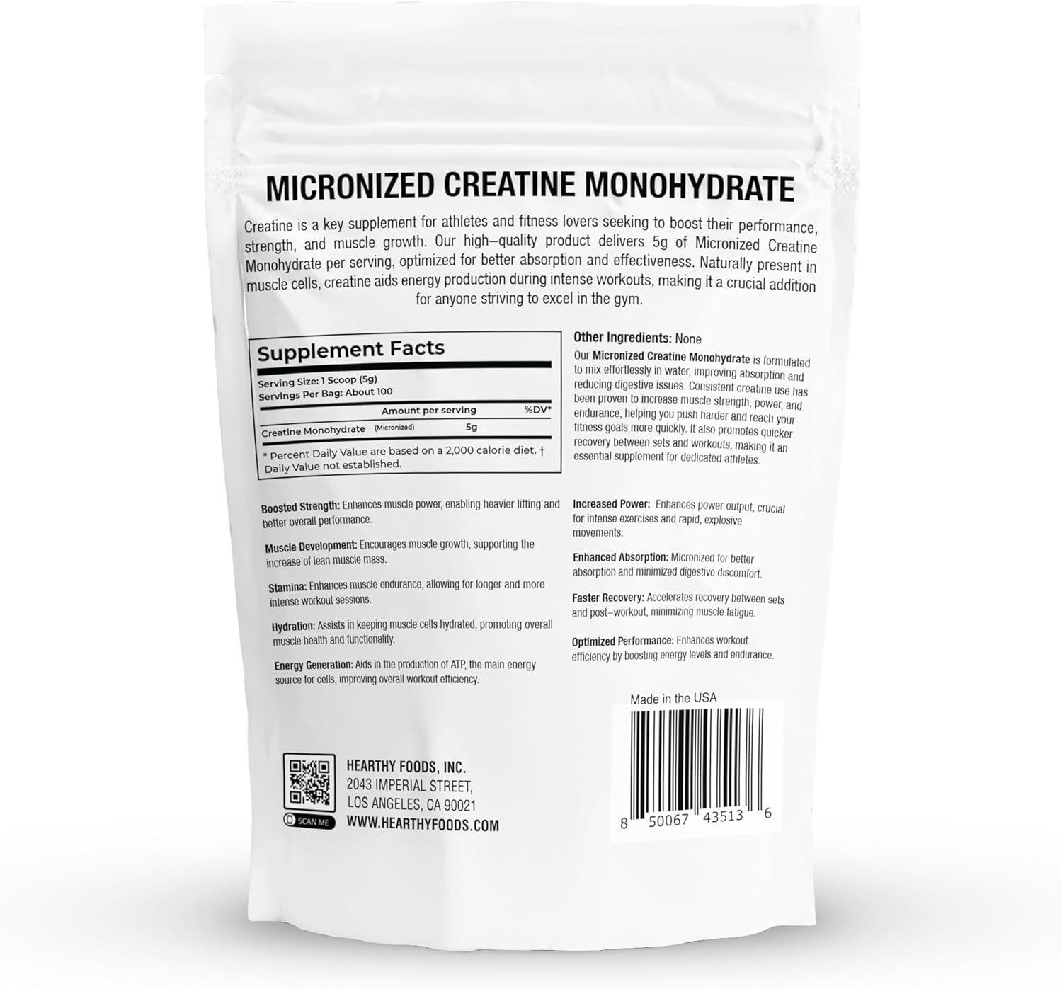 Creatine Monohydrate Micronized Powder 500g – 100 Servings, 5000mg Per Serving