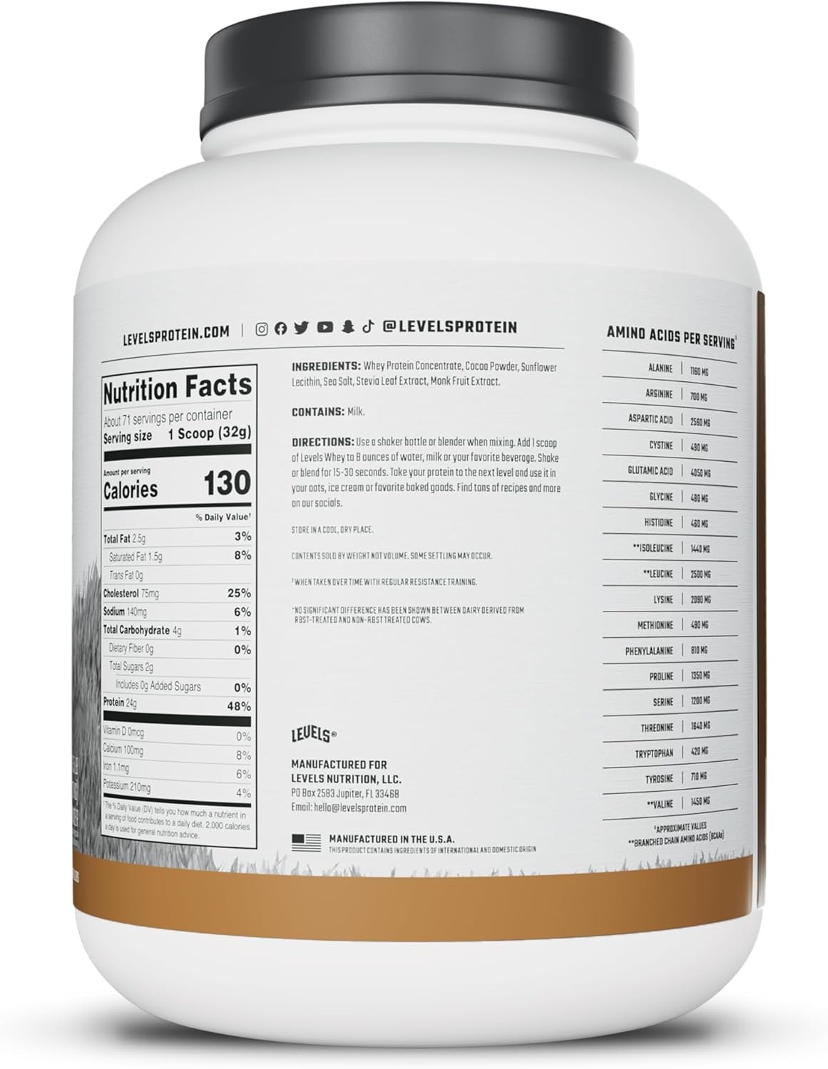 Levels Grass Fed Whey Protein Powder, No Artificials, 24G of Protein, Double Cho