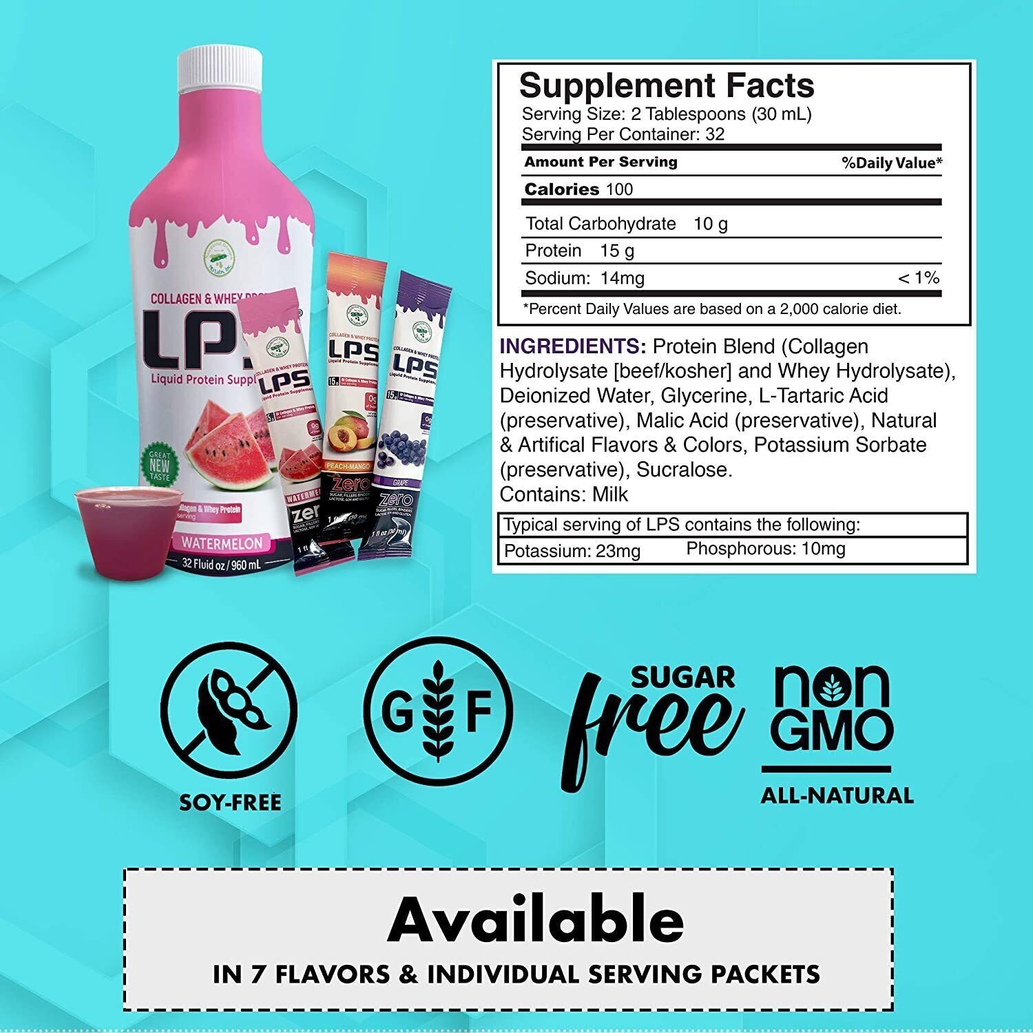 LPS Liquid Protein Supplement Collagen & Whey Watermelon 15 Grams 32 Fl Oz.