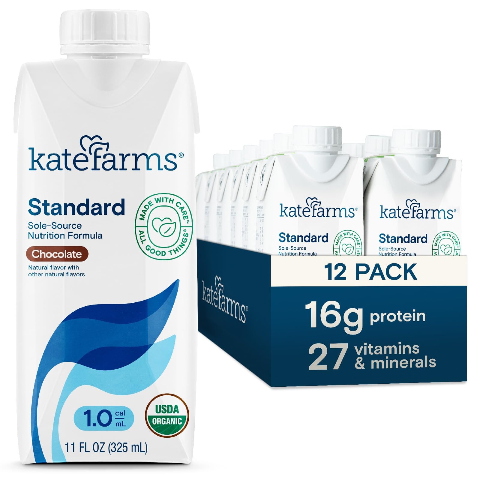 KATE FARMS Organic1.0 Chocolate Nutrition Shake, 16g 11 Fl Oz (Pack of 12)