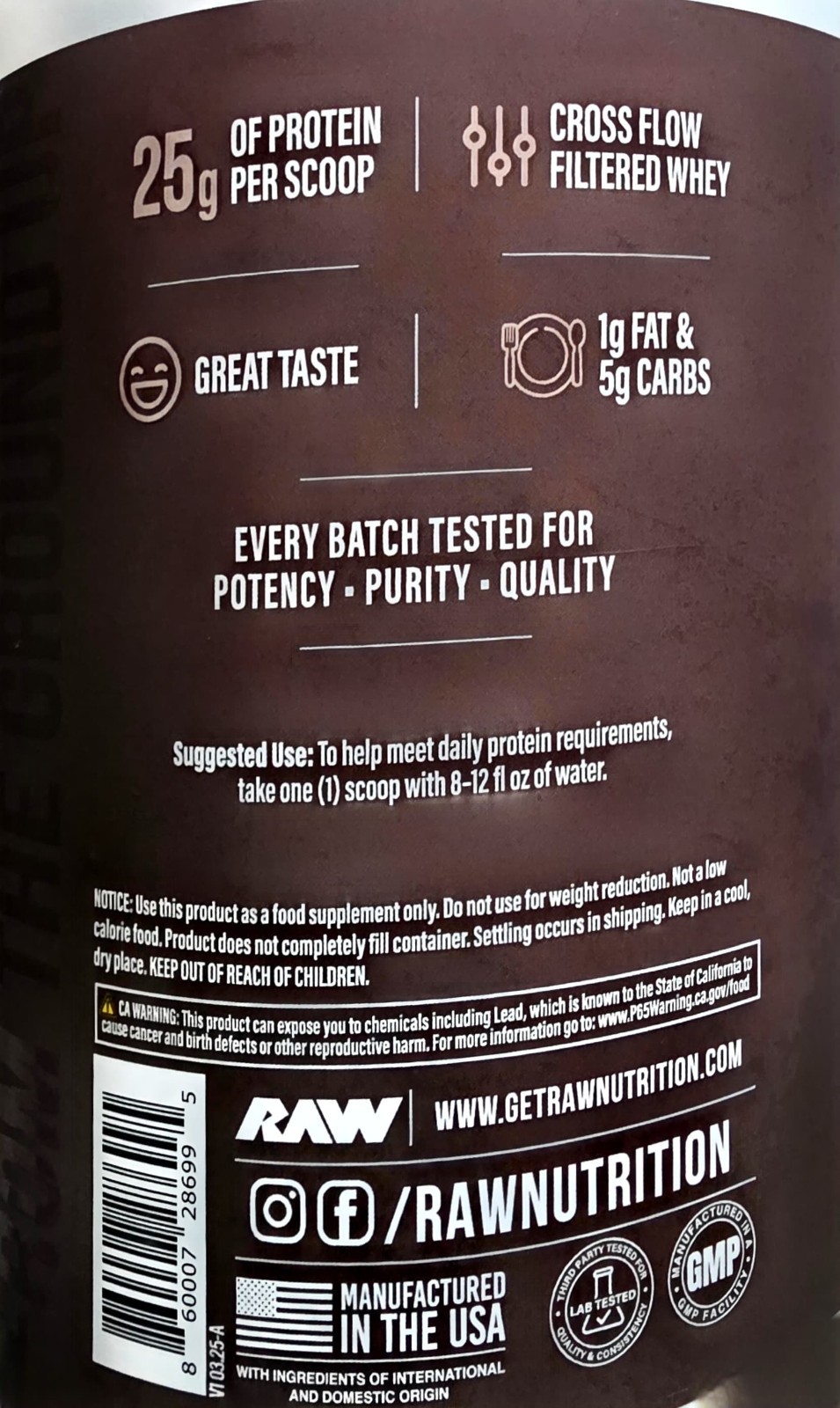 RAW Nutrition Grass-Fed Cross Flow Whey Isolate Powder Chocolate 2 lb 25 Serv