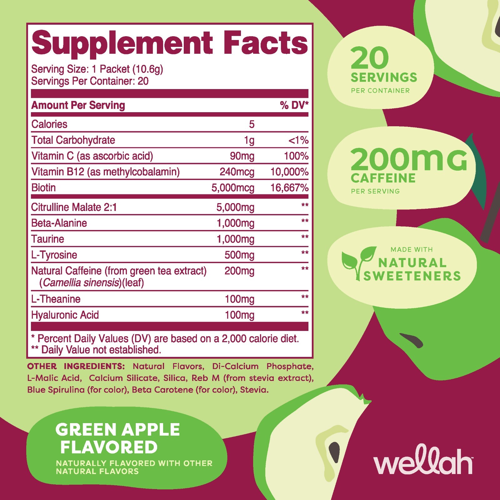 Wellah Get-Going Green Apple Flavored Pre-Workout Stickpacks (20 servings)