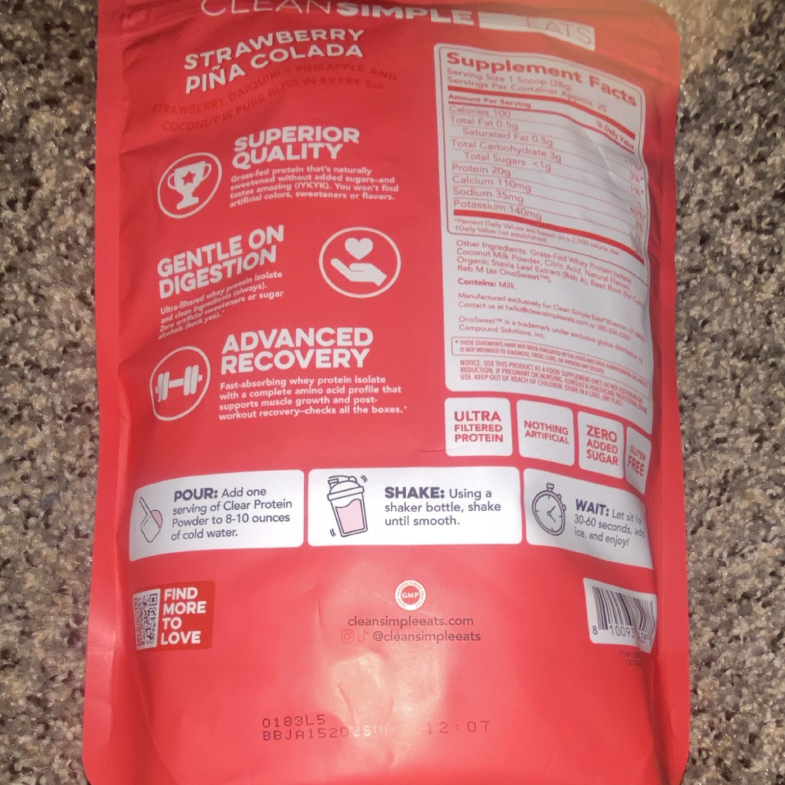 Clean Simple Eats Clear Whey Protein Isolate Strawberry Piña Colada 19.7oz 20sv