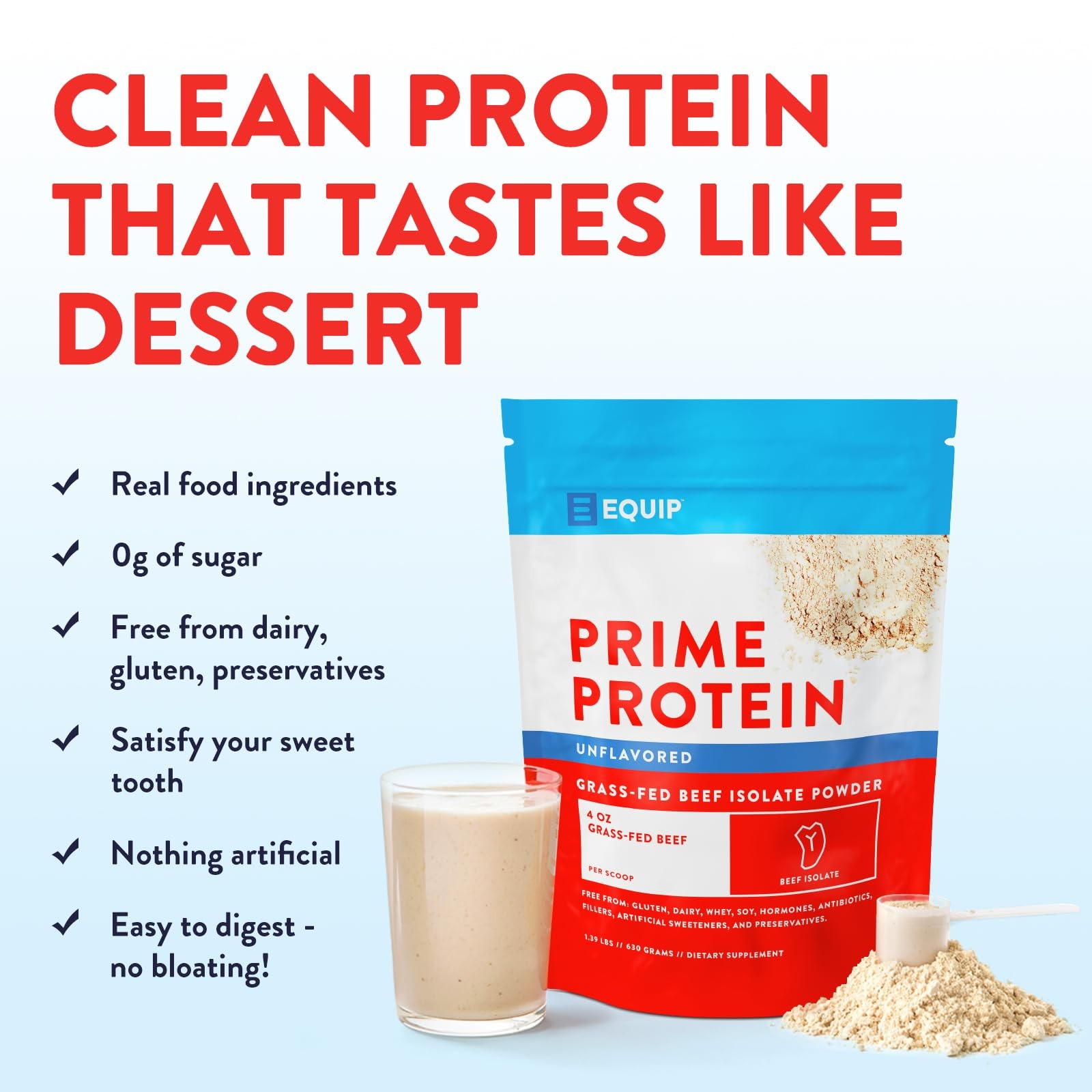 Equip Foods Prime Protein Powder Grass Fed Beef Protein 30 Servings, Unflavored.