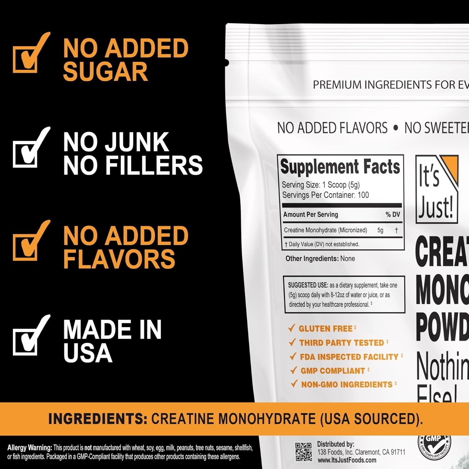 High-Quality Creatine Monohydrate Powder – Gluten-Free, Includes Scoop