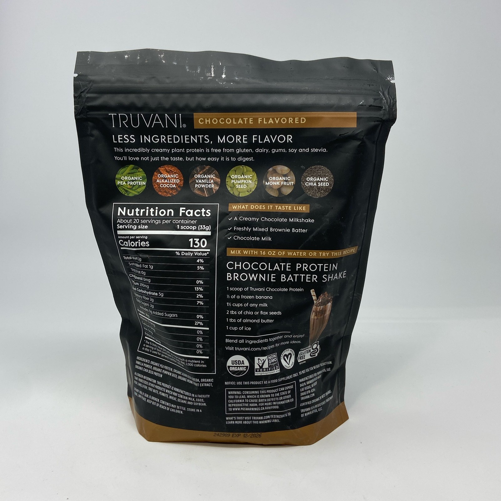 Truvani Organic Chocolate Plant Protein Powder 23.63 oz (20 Serv)