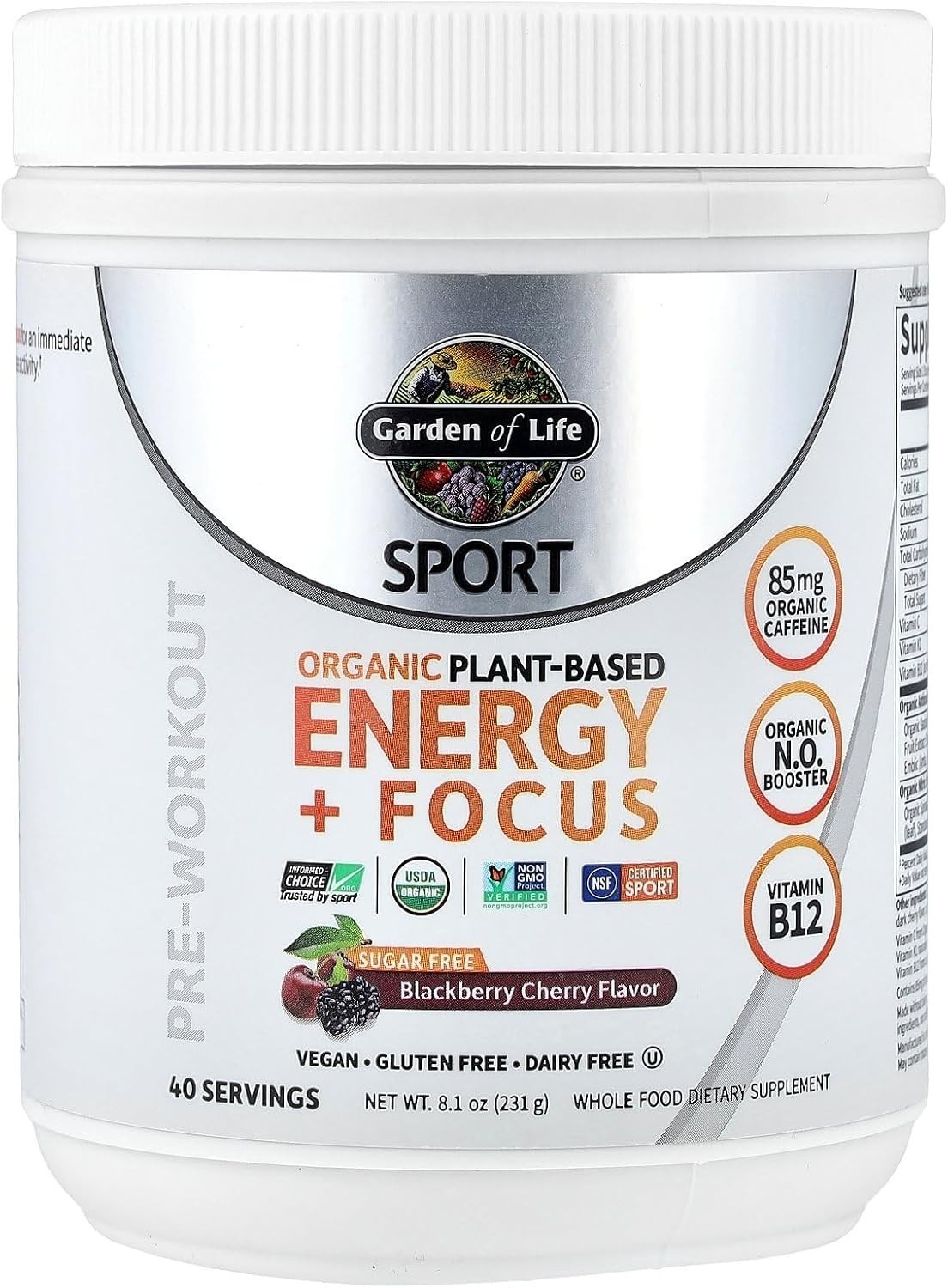 Plant-Based Pre Workout with Organic Caffeine & B12 – 40 Servings (Gluten Free)