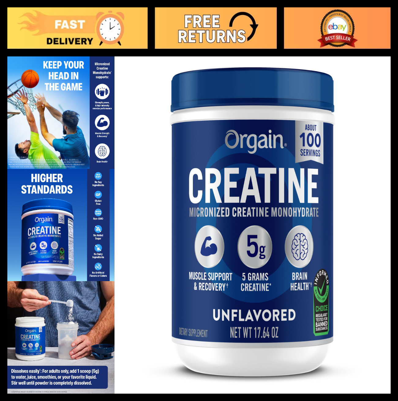 Micronized Creatine Monohydrate Powder, 5g, Unflavored, 100 Servings – Muscle Ga