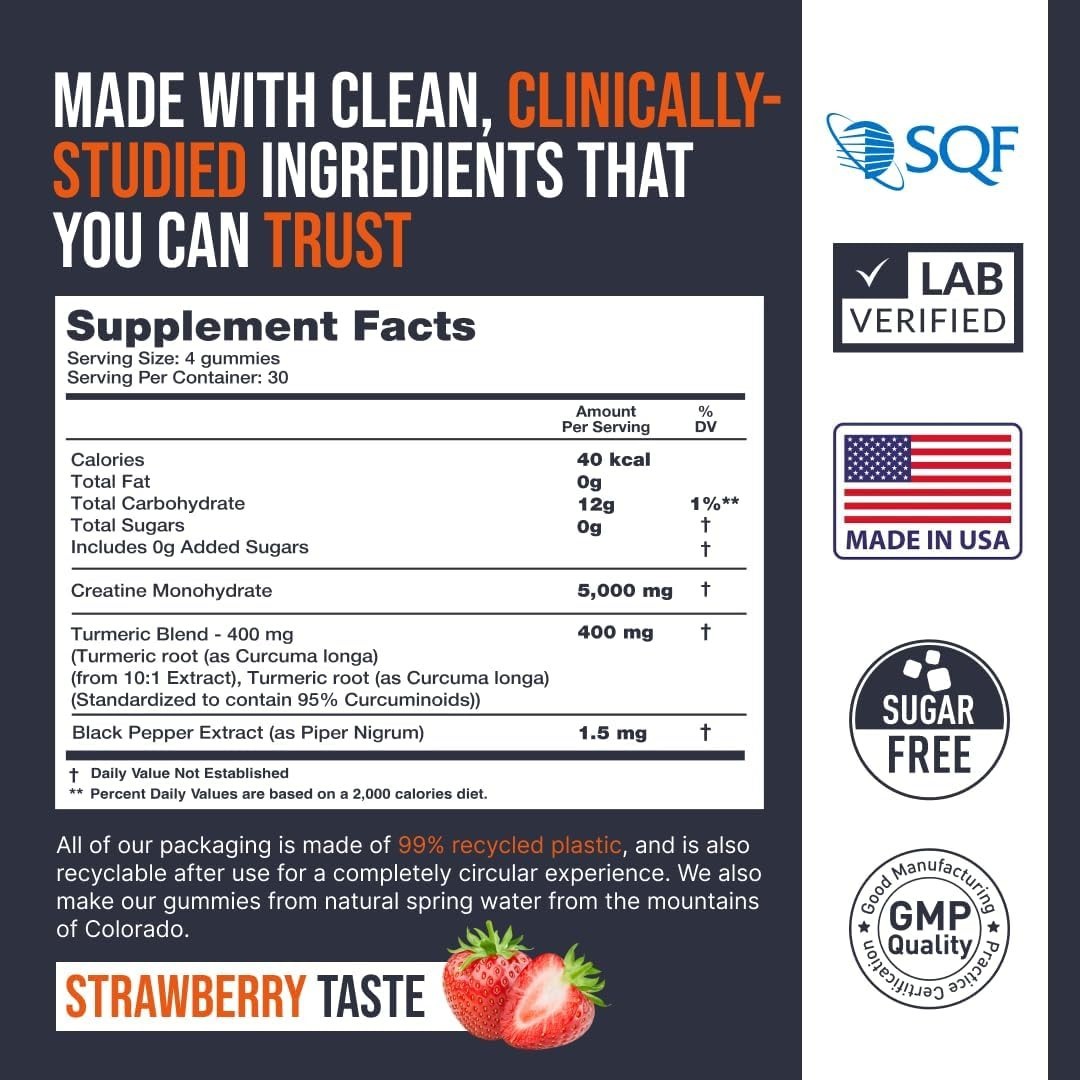 Creatine Monohydrate Gummies 5000mg – Strawberry, 120 Vegan Chews