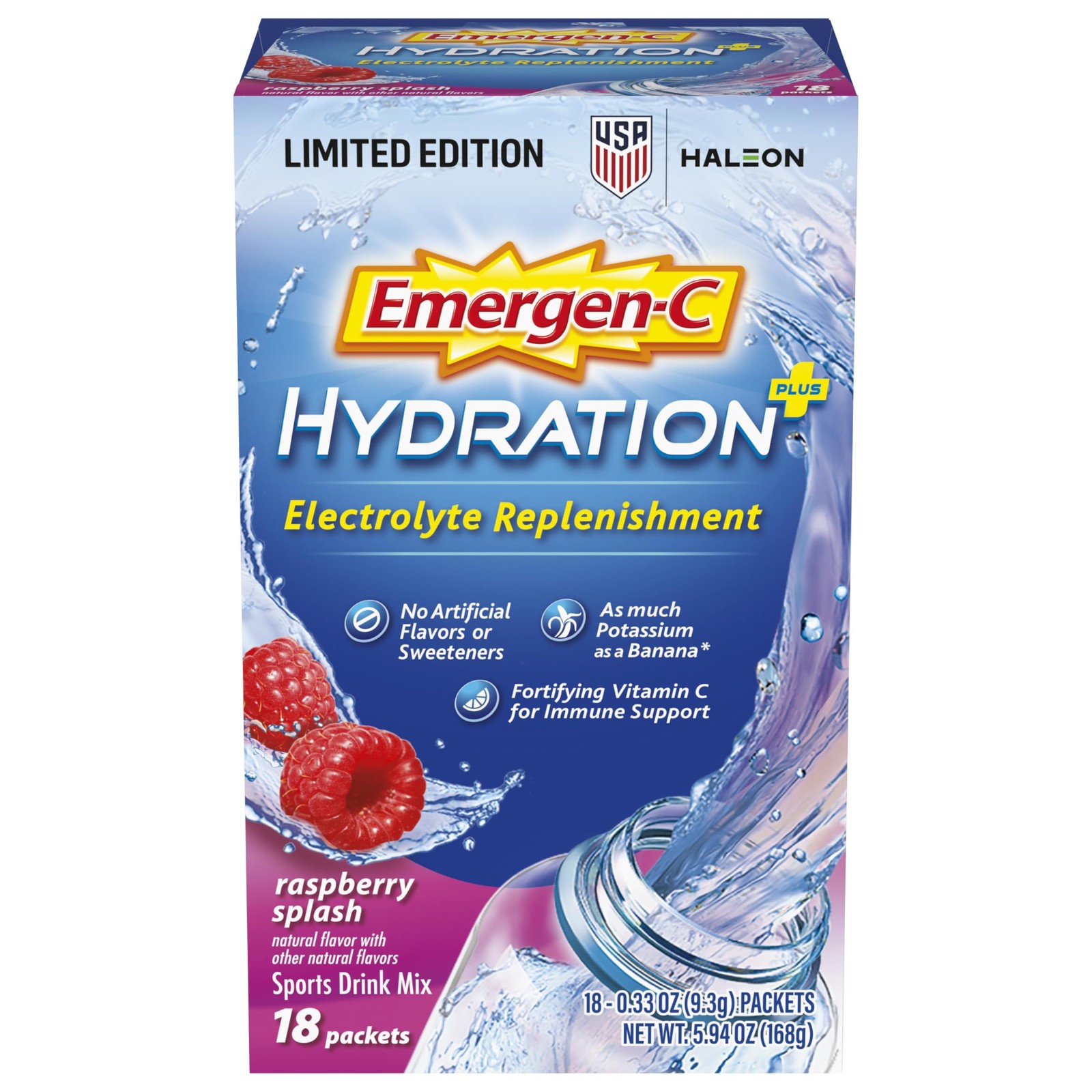 Emergen-C Hydration+ Sports Electrolyte 0.33 Ounce (Pack of 18), Raspberry