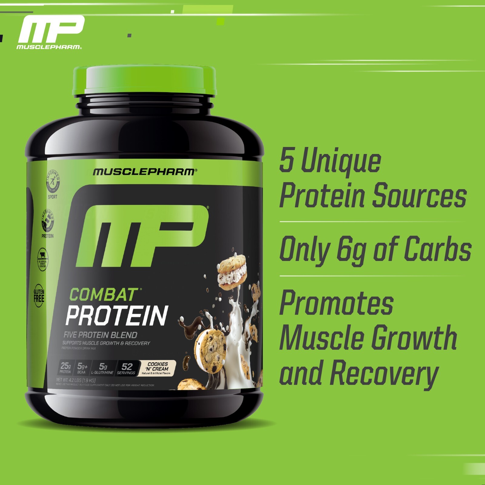 MusclePharm Combat Protein Powder – 4 lb, 52 Servings, Cookies & Cream