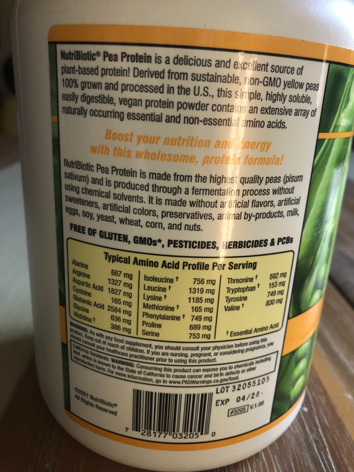 NutriBiotic Pea Protein, Vanilla, 21 Oz
