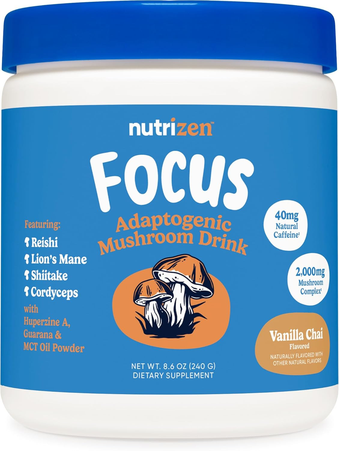 Nutricost Nutrizen AM Focus Adaptogenic Mushroom Drink Powder Reishi Lion’s Mane