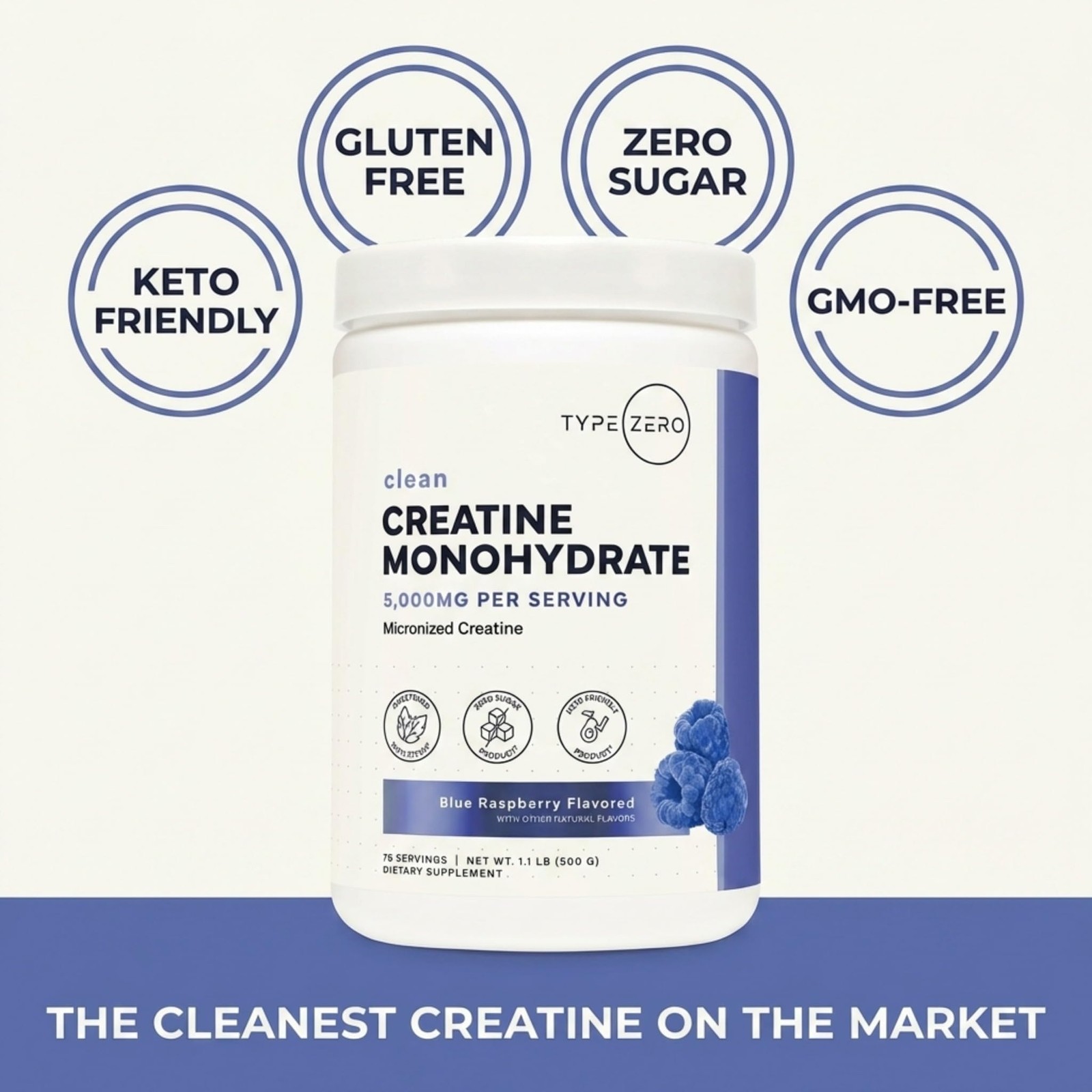 Creatine Monohydrate Powder 500 Grams, Blue Raspberry Flavor – Gluten-Free