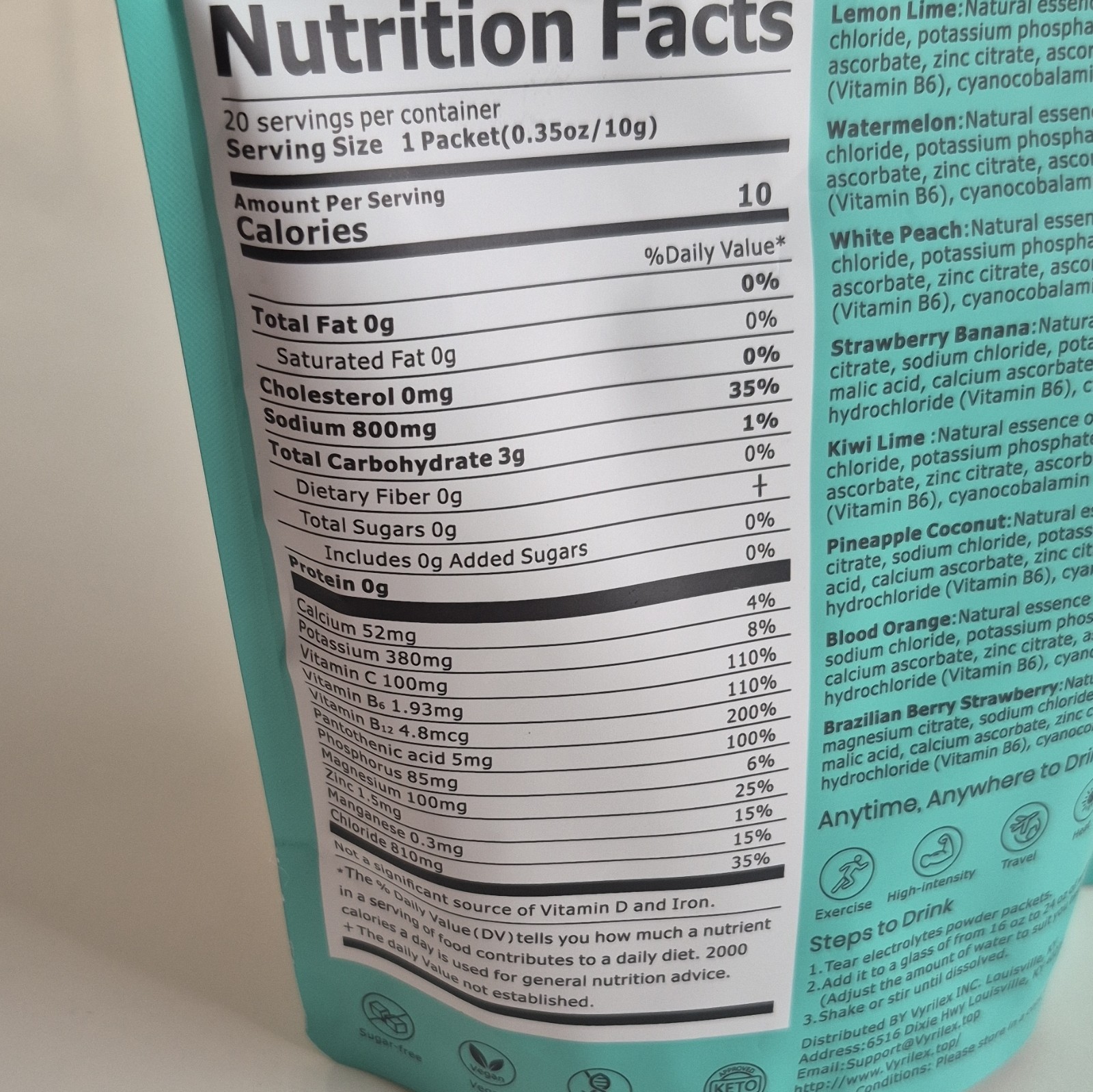 Vyrilex Electrolyte Hydration Powder Drink Mix Sugar-Free Keto Variety 20