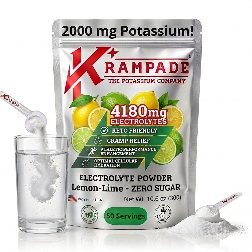 High Potassium Electrolyte Powder – Zero Sugar Lemon Lime, 4180mg, Cramp Relief,