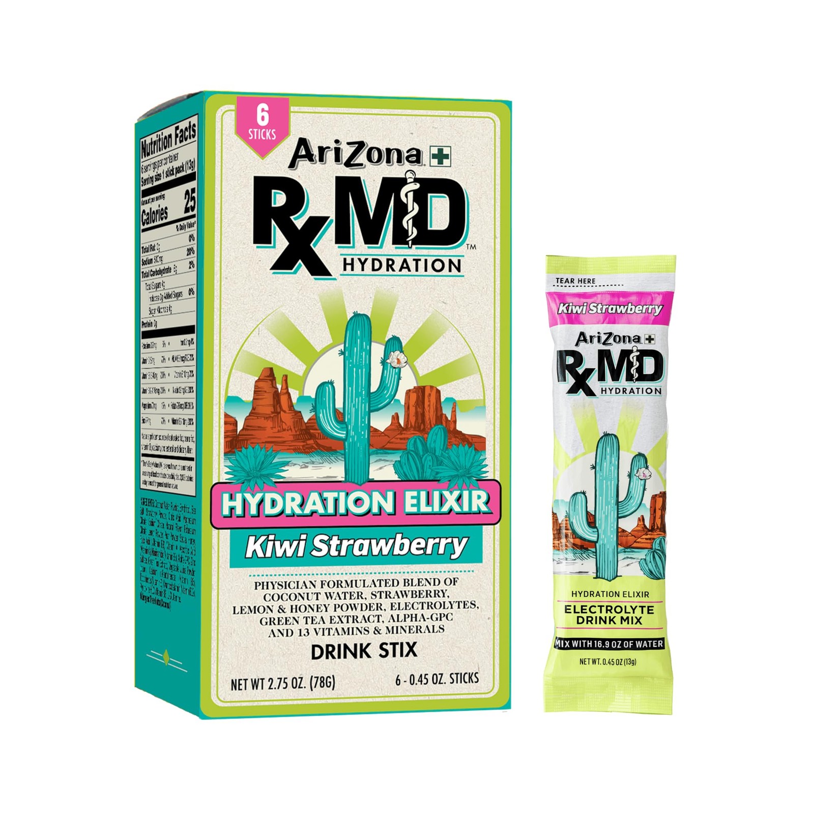 Arizona Rx MD Hydration Kiwi Strawberry – Drink 0.45 Ounce (Pack of 6), Pink